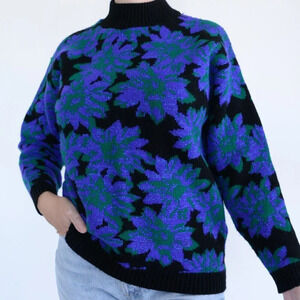 Vintage Spunky Black Purple & Green Floral Shimmer MockNeck Sweater Festive L